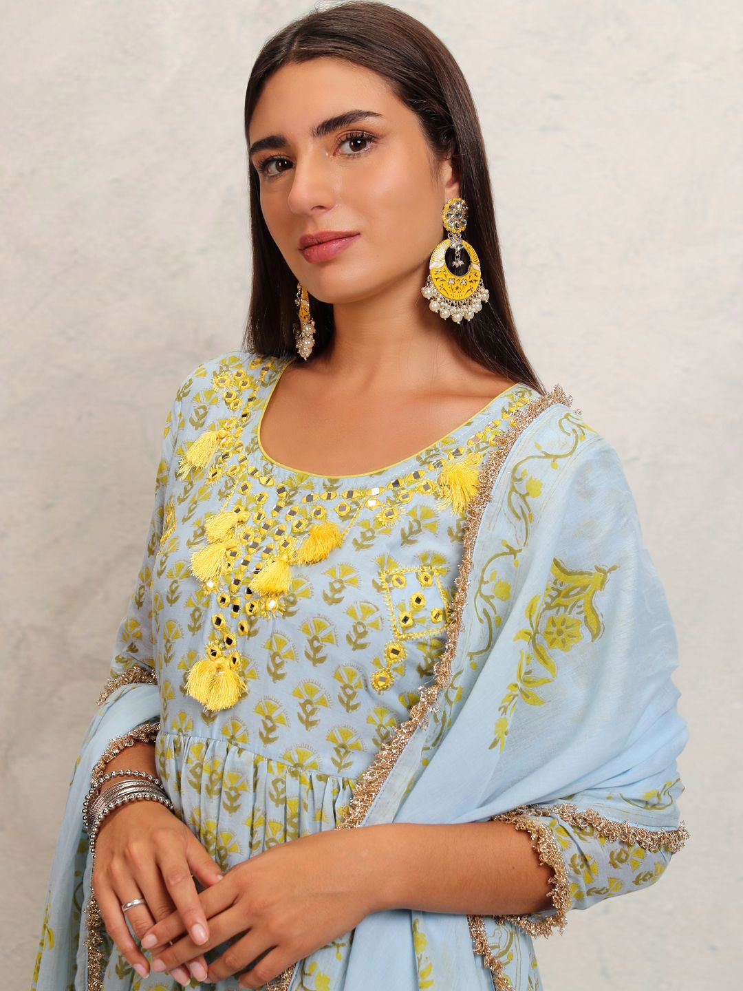Vishudh Blue Floral Printed Mirror Work Pure Cotton Anarkali Kurta With Trousers & Dupatta
