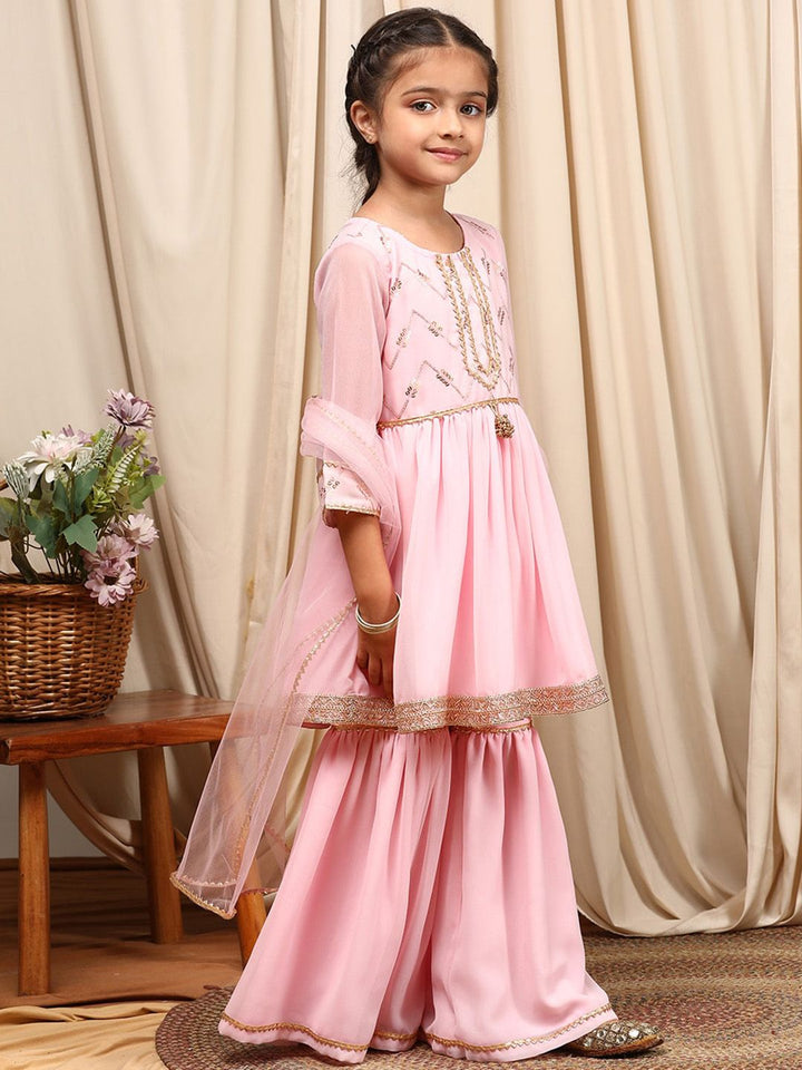 pspeaches Girls Round Neck Embroidered Sequinned Anarkali Kurti with Sharara & Dupatta