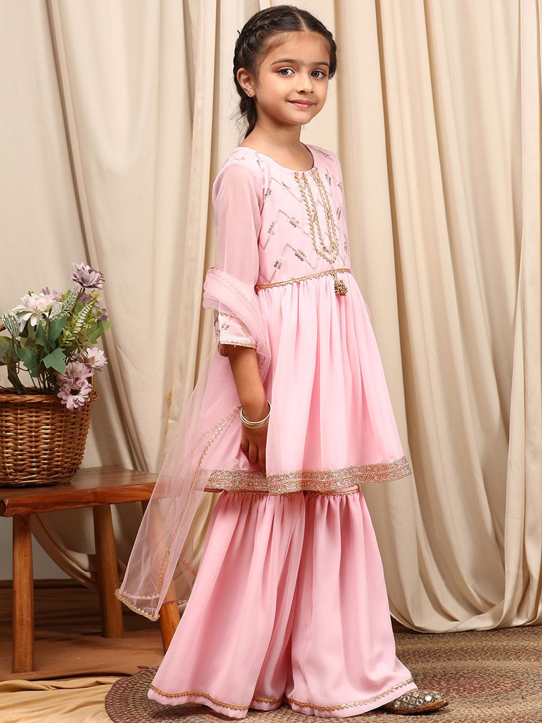 pspeaches Girls Round Neck Embroidered Sequinned Anarkali Kurti with Sharara & Dupatta