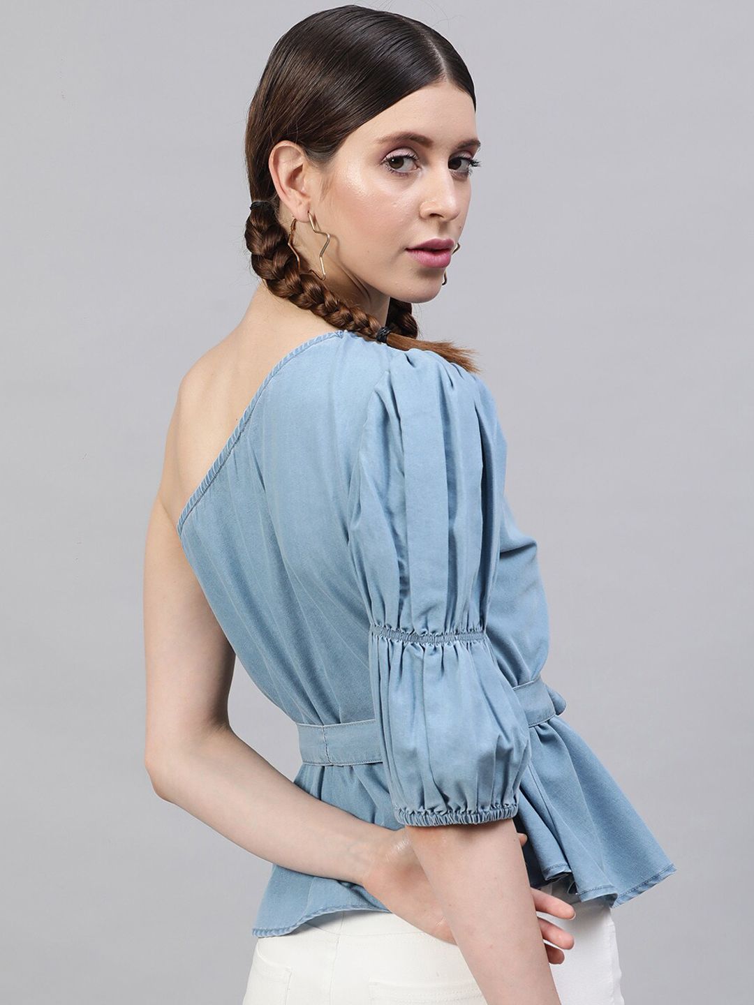 STREET 9 Blue Solid One Shoulder Indigo Denim Regular Top With Belt