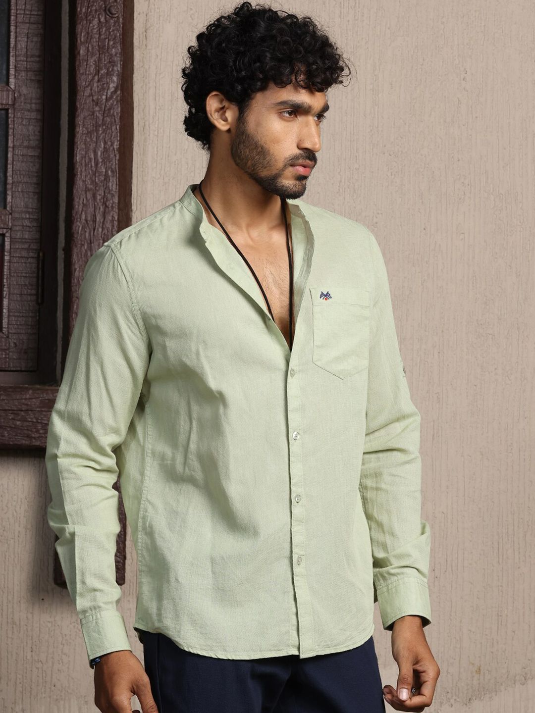 Thomas Scott Premium Cotton Linen Mandarin Collar Slim Fit Opaque Casual Shirt