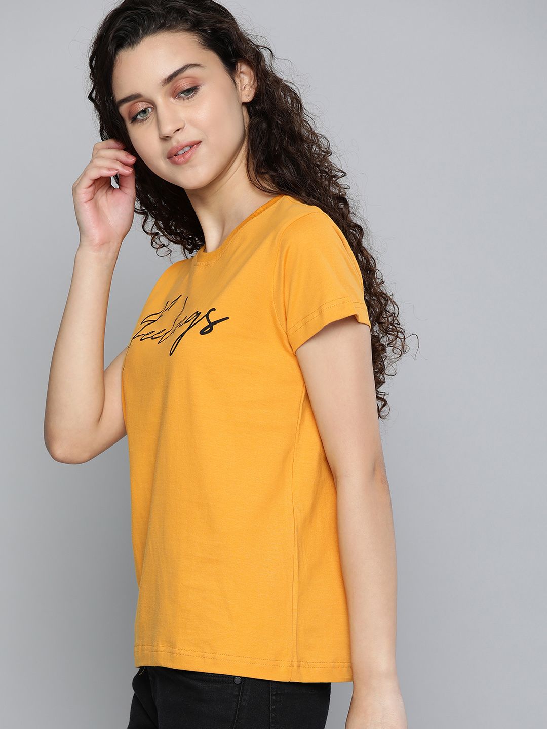 DILLINGER Women Mustard Yellow Printed Round Neck Regular Fit Pure Cotton T-shirt