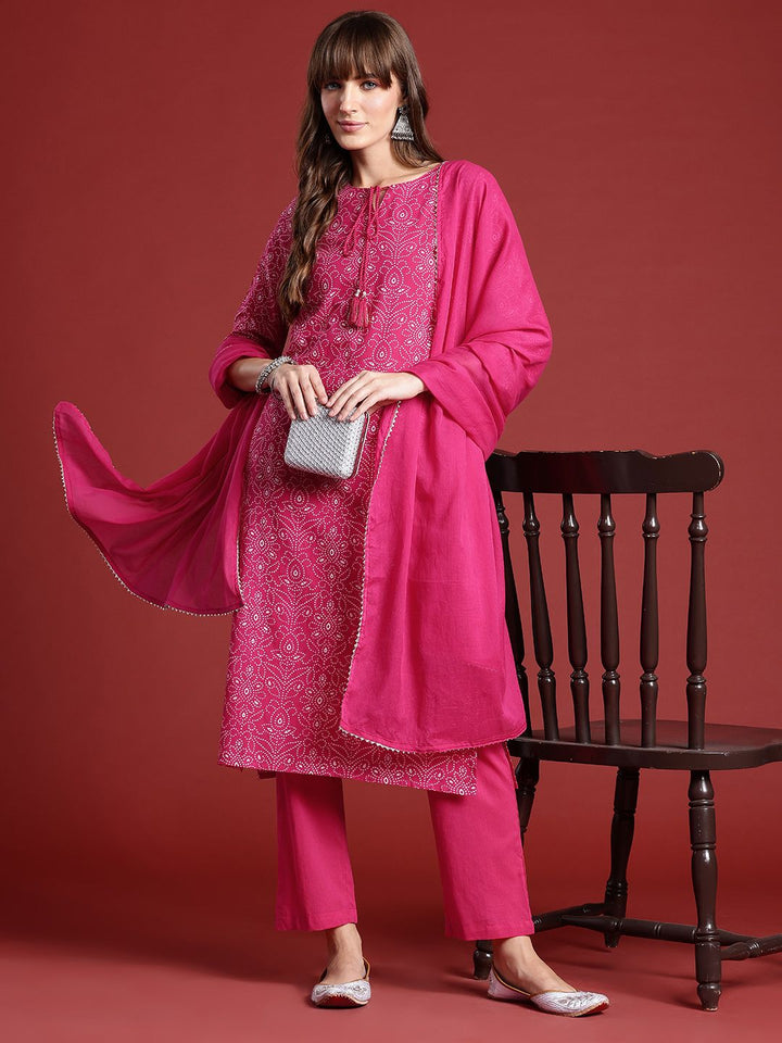 Anouk Bandhani Printed Kurta With Trousers & Dupatta