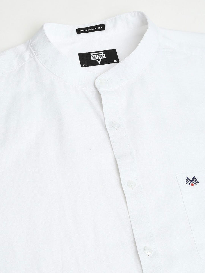 Thomas Scott Plus Size Premium Mandarin Collar Roll-Up Sleeves Cotton Linen Casual Shirt