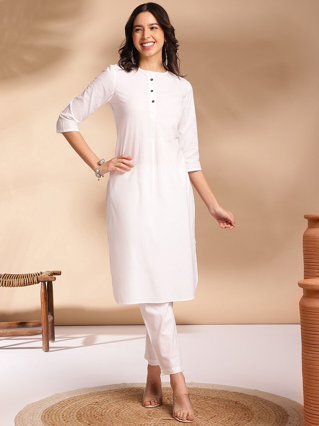 Anouk Pleated Round Neck Round Neck Cotton Kurta with Trousers