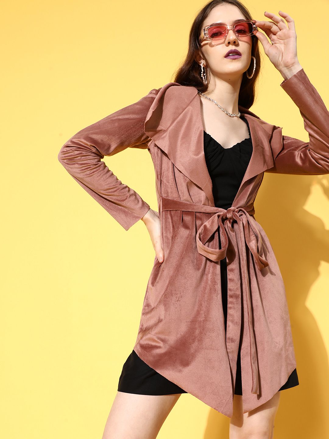 Berrylush Women Brown Solid Wrap Coat with belt