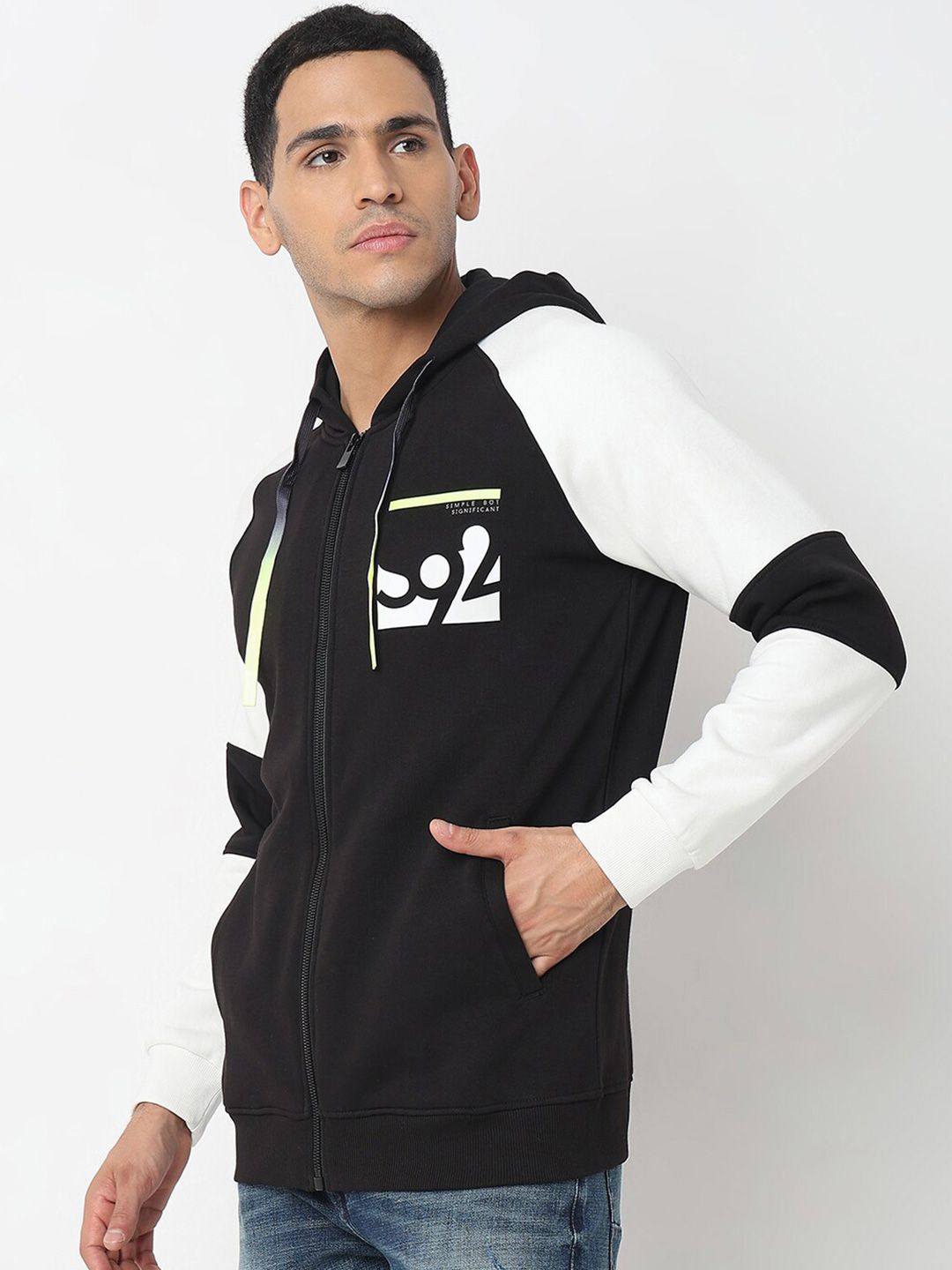 SPYKAR Colourblocked Hooded Front-Open Sweatshirt