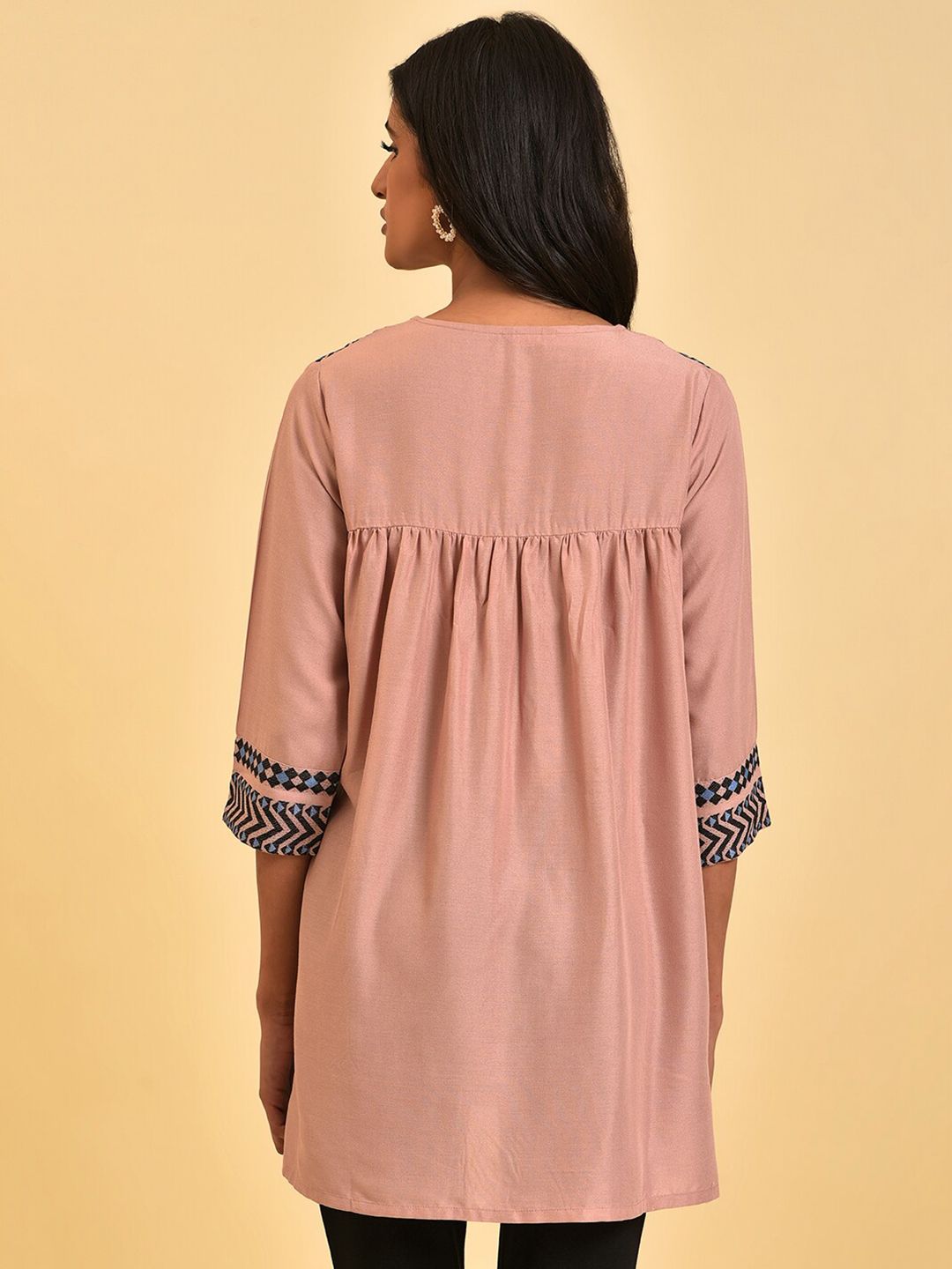 W Pink Geometric Embroidered Tie-Up Neck Tunic