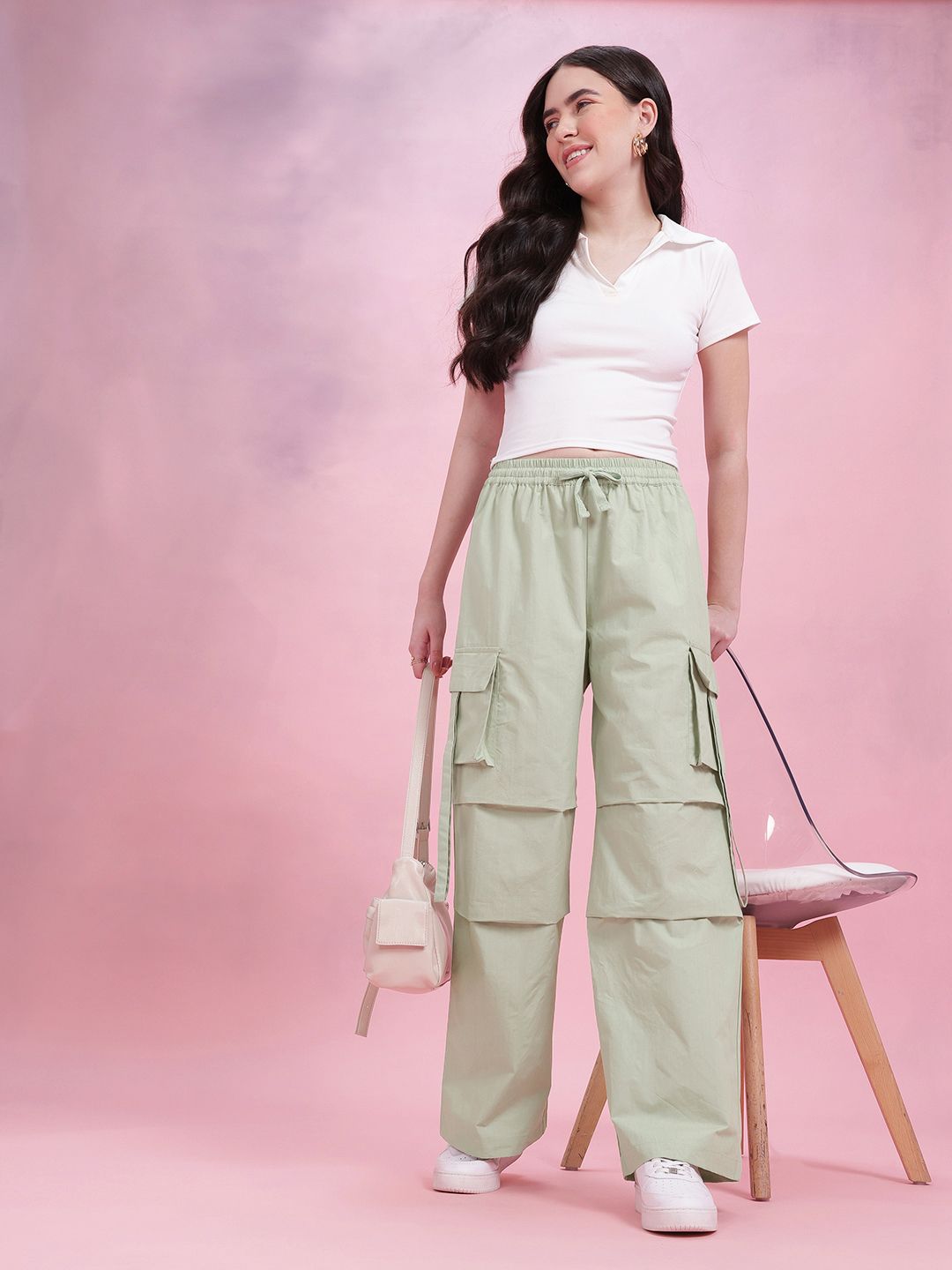 DressBerry Women Pleated Side Strap Flared Cargos
