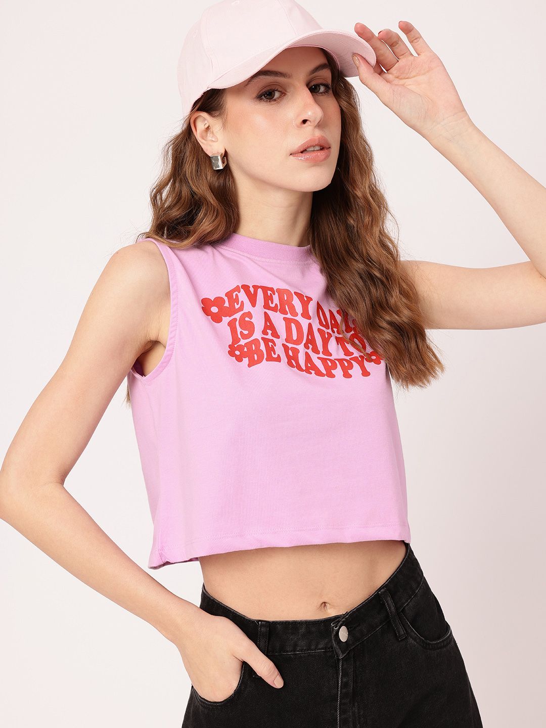 DressBerry Uplifting Feminine Typography Printed Sleeveless Crop T-Shirt