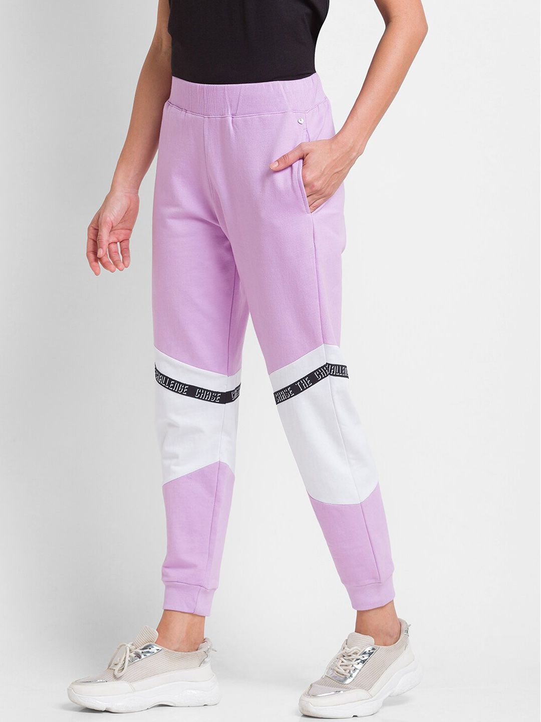 SPYKAR Women Lavender & White Color-Blocked Slim Fit Joggers