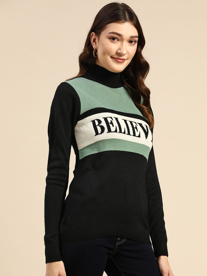 all about you Women Black & Sage Green Typography Acrylic Pullover