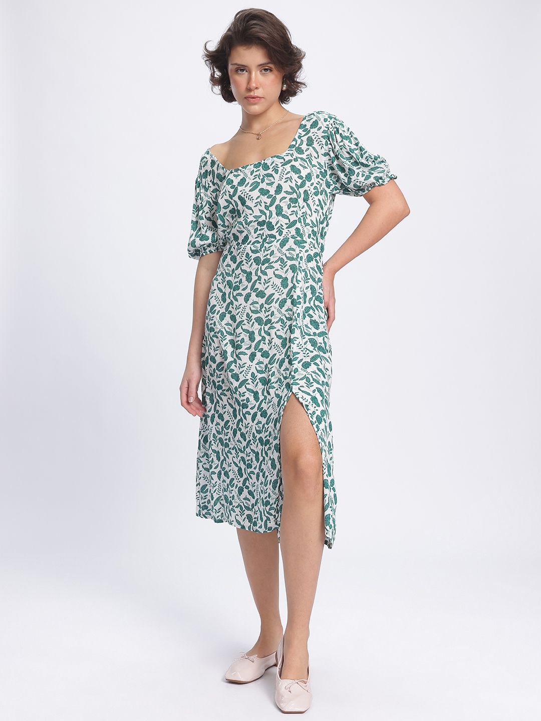 DressBerry Floral Fantasy Cut Out Detail Ruched Front Slit Midi Dress