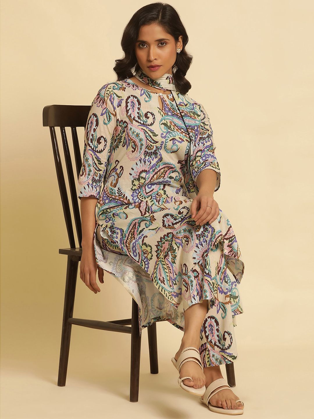 W Paisley Printed Keyhole Neck Pure Cotton Straight Kurta with Trouser & Dupatta