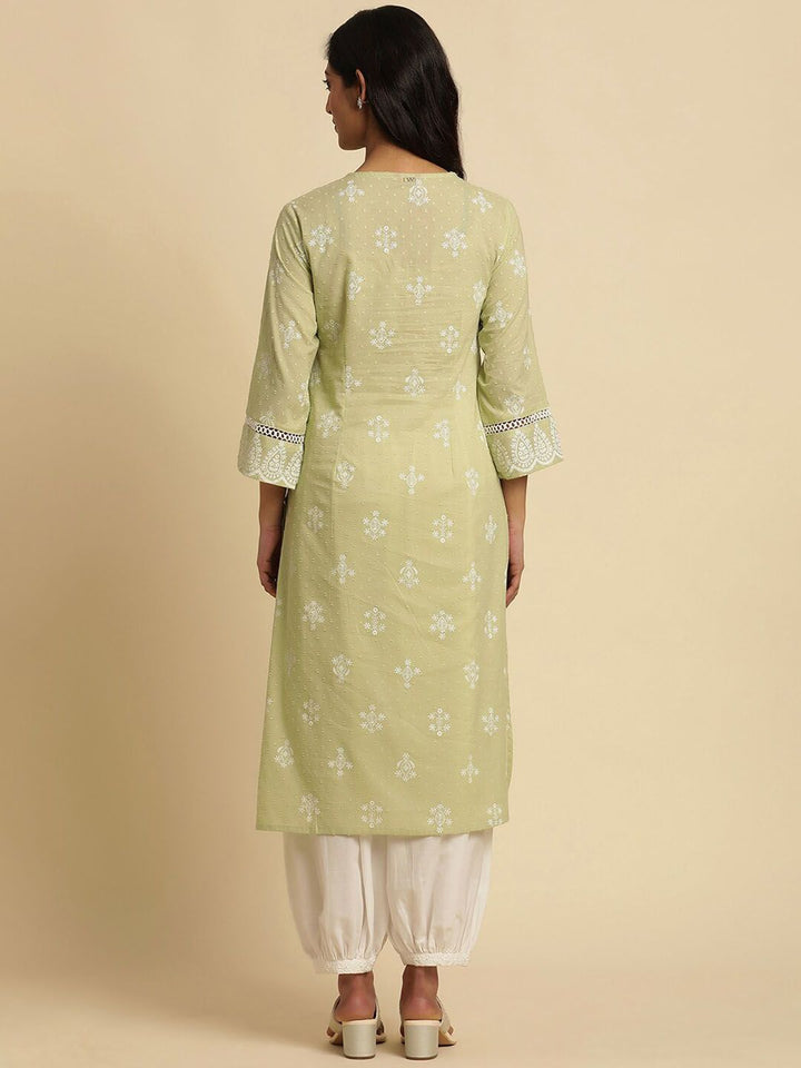 W Green Ethnic Motifs Embroidered Pure Cotton Straight Kurta