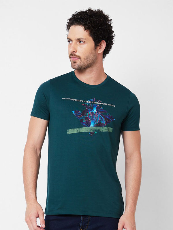 SPYKAR Typography Printed Round Neck Applique Cotton Slim Fit T-shirt