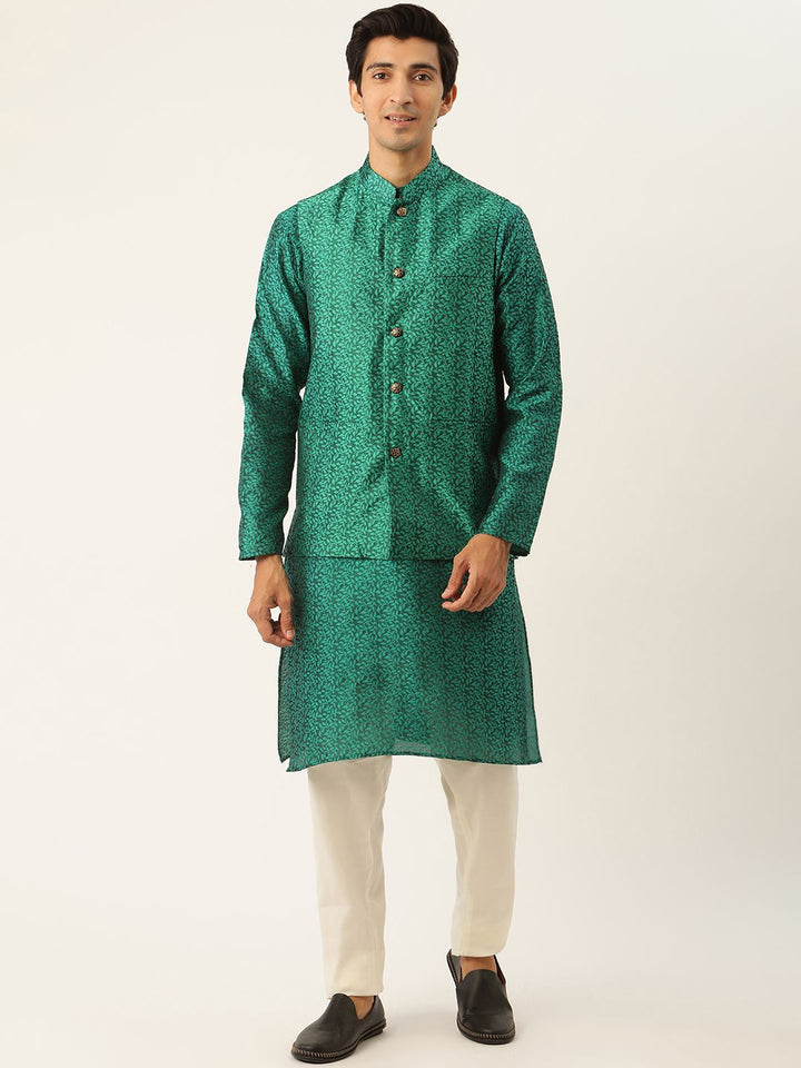 SOJANYA Set Kurta Lelaki Motif Etnik Hijau Dengan Jaket Nehru