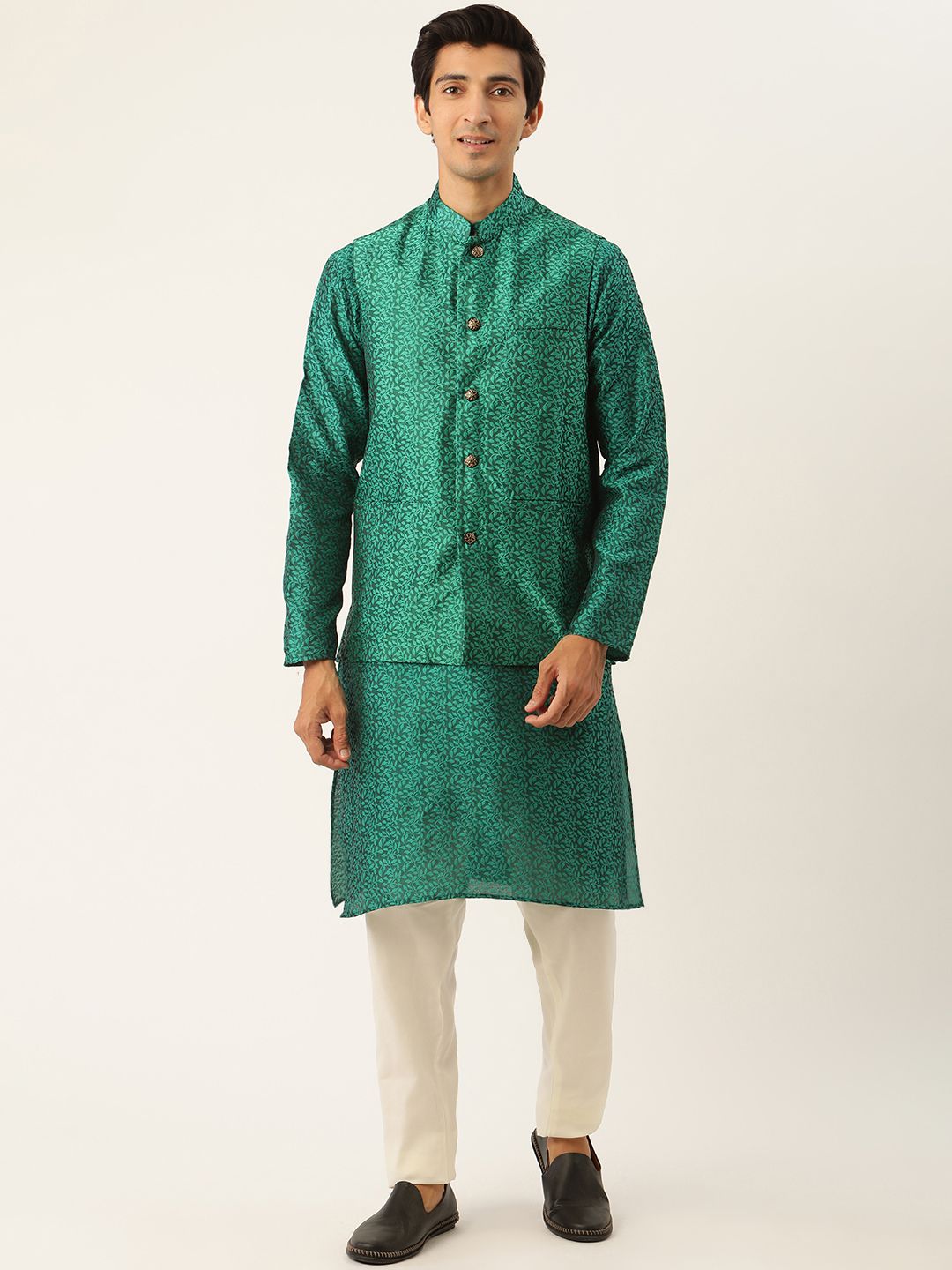 SOJANYA Set Kurta Lelaki Motif Etnik Hijau Dengan Jaket Nehru