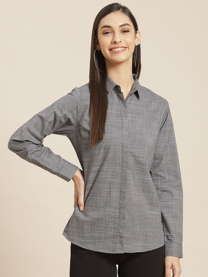 Hancock Women Grey Standard Slim Fit Cotton Formal Shirt
