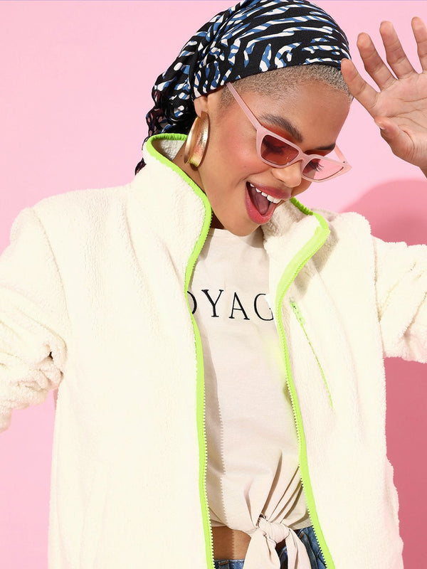 SASSAFRAS Women Classic White Solid Faux Fur Tailored Jacket