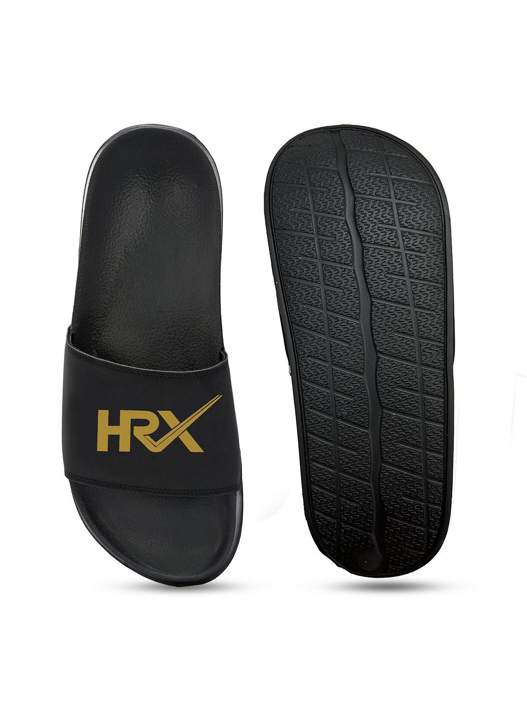 HRX by Hrithik Roshan Women Black & Gold-Toned Printed Sliders