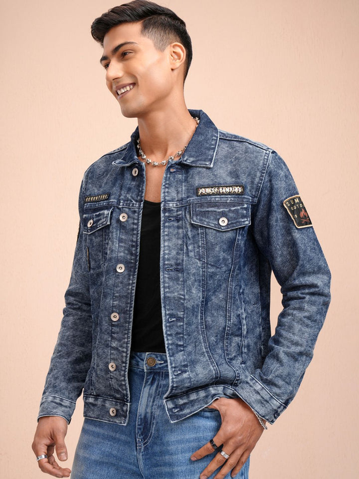 LOCOMOTIVE Men Blue Solid Denim Jacket
