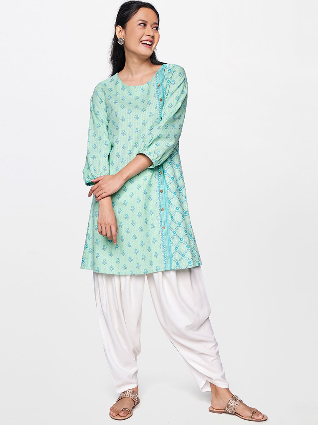 Global Desi Turquoise Blue Printed Tunic with Button Detailing