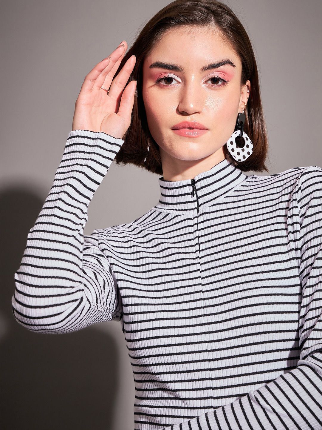 SASSAFRAS Black & White Horizontal Striped High Neck Top