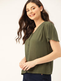 DressBerry Women Olive Green Crinkled Solid Top