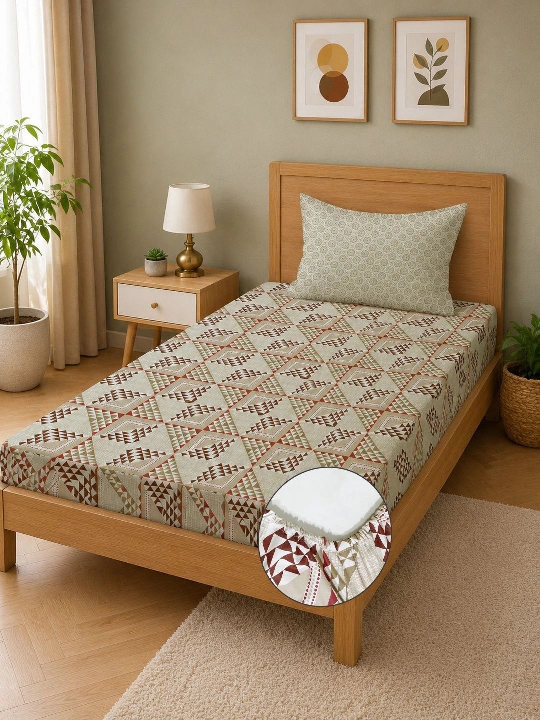Moda Rapido X KLOTTHE Beige & Brown Geometric 400 TC Single Bedsheet with 1 Pillow Covers