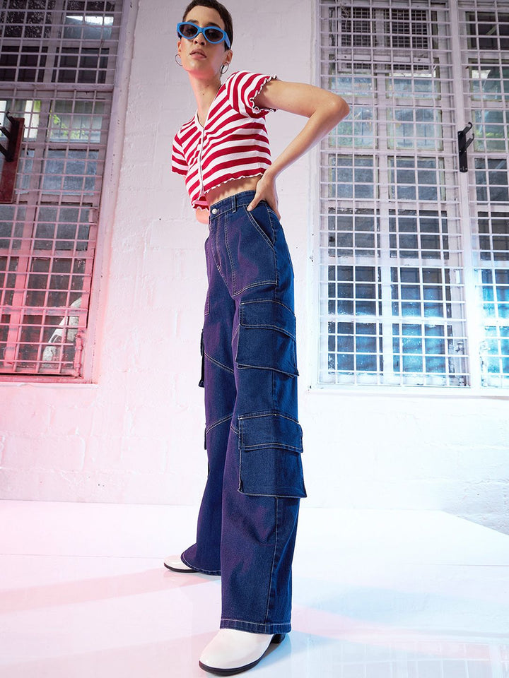 SASSAFRAS Women High Rise Straight Fit Clean Look Stretchable Cargo Jeans