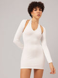 DressBerry Soft Rib Halter Play Bodycon Dress with Arm Sleeve