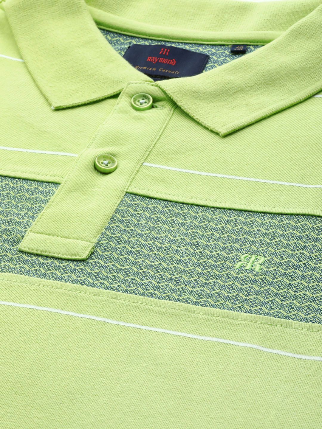 Raymond Men Green & White Pure Cotton Striped Polo Collar T-shirt