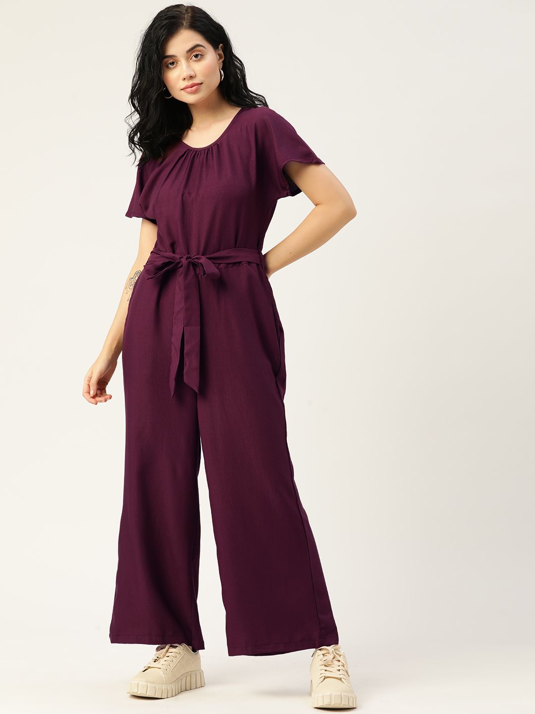 DressBerry Women Burgundy Solid Extended Sleeves Basic Jumpsuit