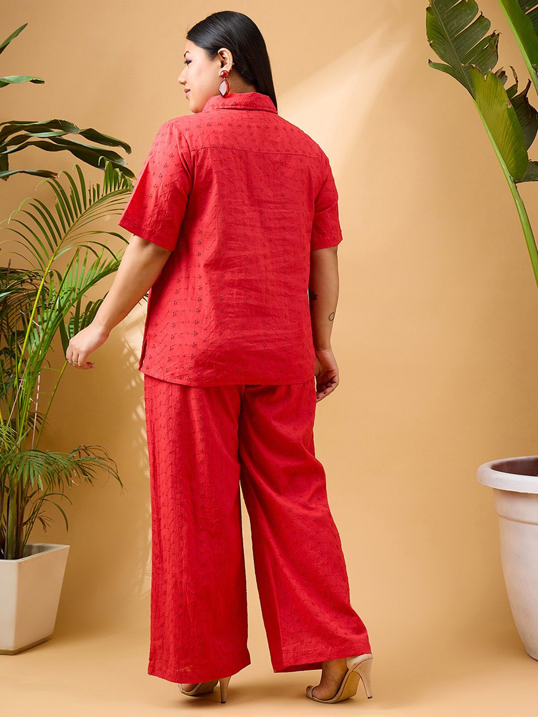 SASSAFRAS Curve Plus Size Red Schiffli Embroidered Pure Cotton Shirt & Trouser Co-ords