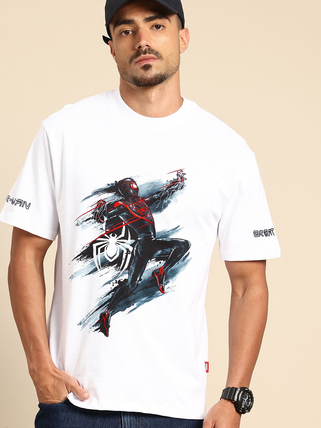 Being Human Spider-Man Printed Drop-Shoulder Sleeves Relaxed Fit Pure Cotton T-shirt