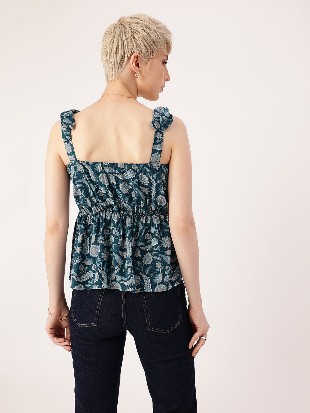 DressBerry Fetish Glam Floral Printed Tie-Up Straps Gathers A-Line Top