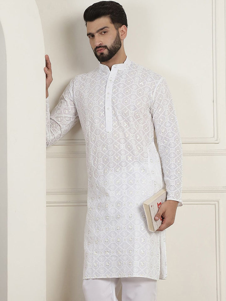 SOJANYA Ethnic Motifs Embroidered Mandarin Collar Sequined Pure Cotton Straight Kurta