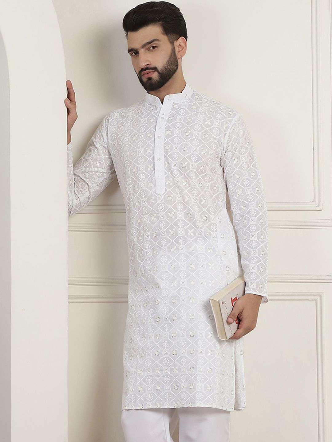 SOJANYA Ethnic Motifs Embroidered Mandarin Collar Sequined Pure Cotton Straight Kurta