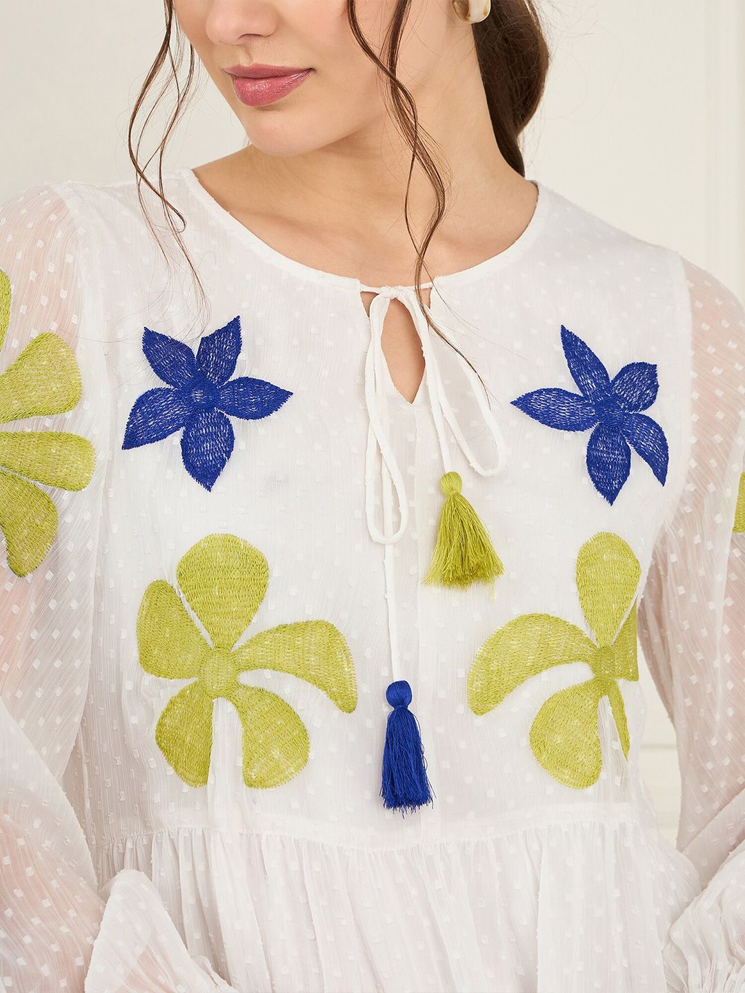 Antheaa Tie-Up Neck Puff Sleeve Chiffon A-Line Top
