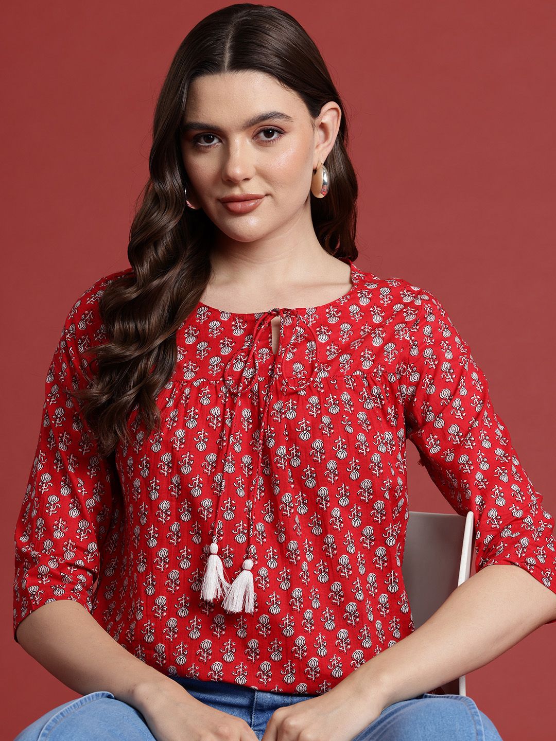 all about you Ethnic Motifs Print Pure Cotton Pleated Short Kurti