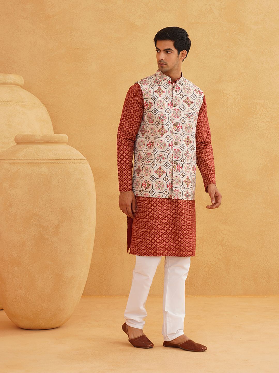 SOJANYA Kurta Cetak Bunga Lelaki Dengan Piyama & Jaket Nehru