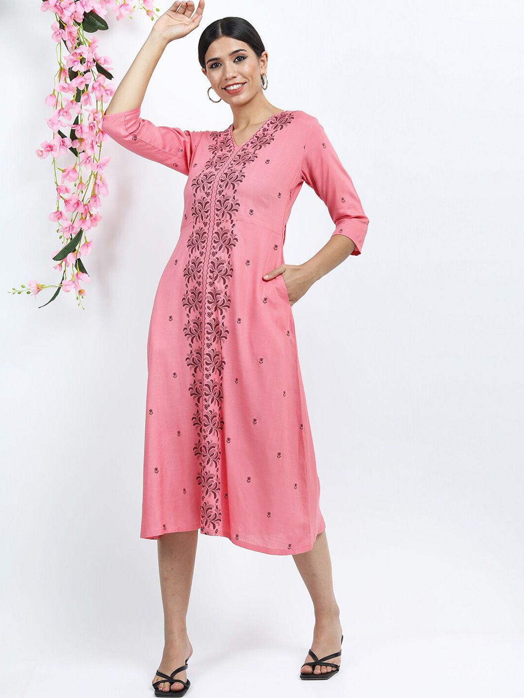 Vishudh Pink Floral Ethnic A-Line Midi Dress