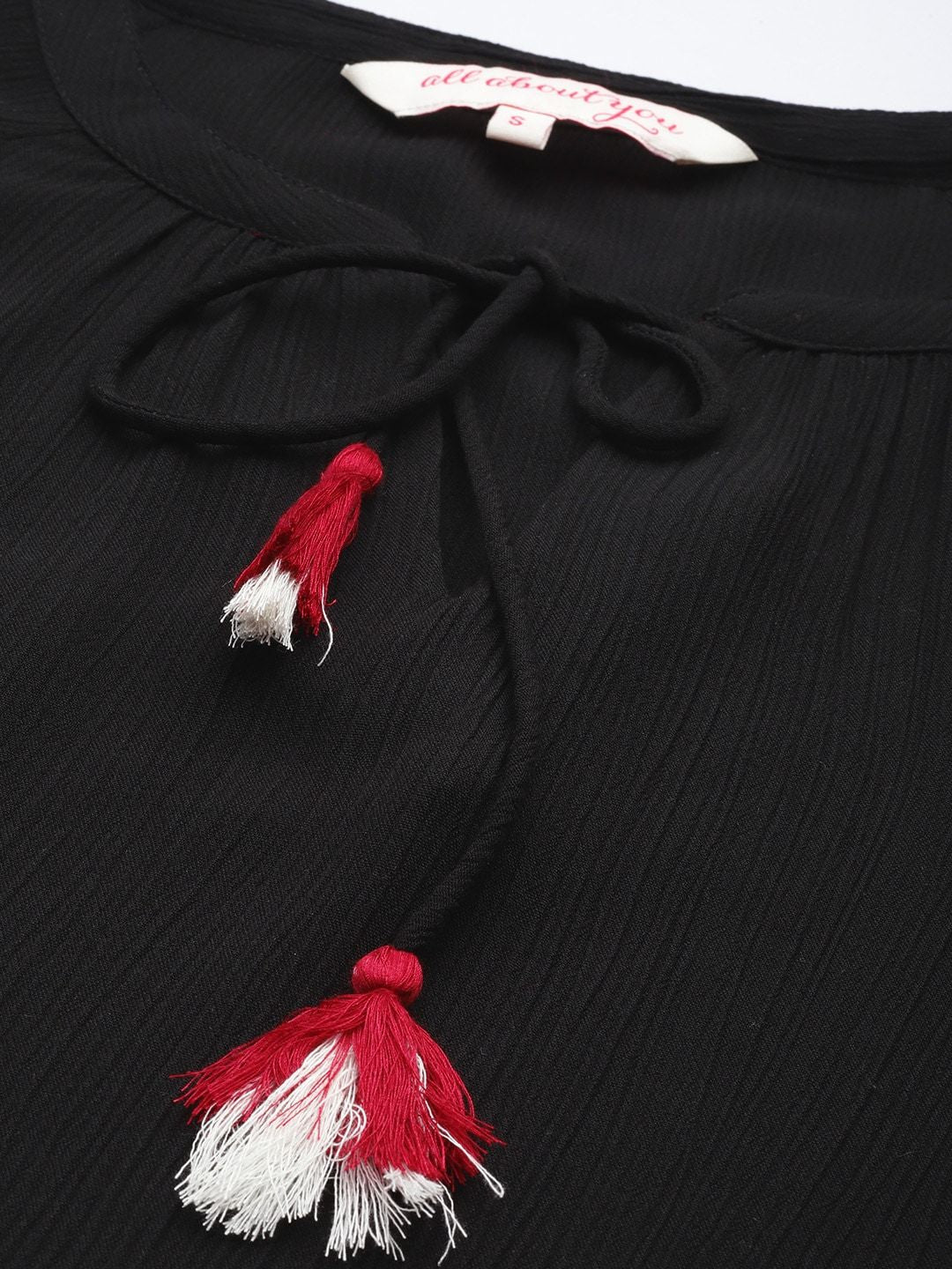 all about you Black Puff Sleeves Regular Top With Embroidery