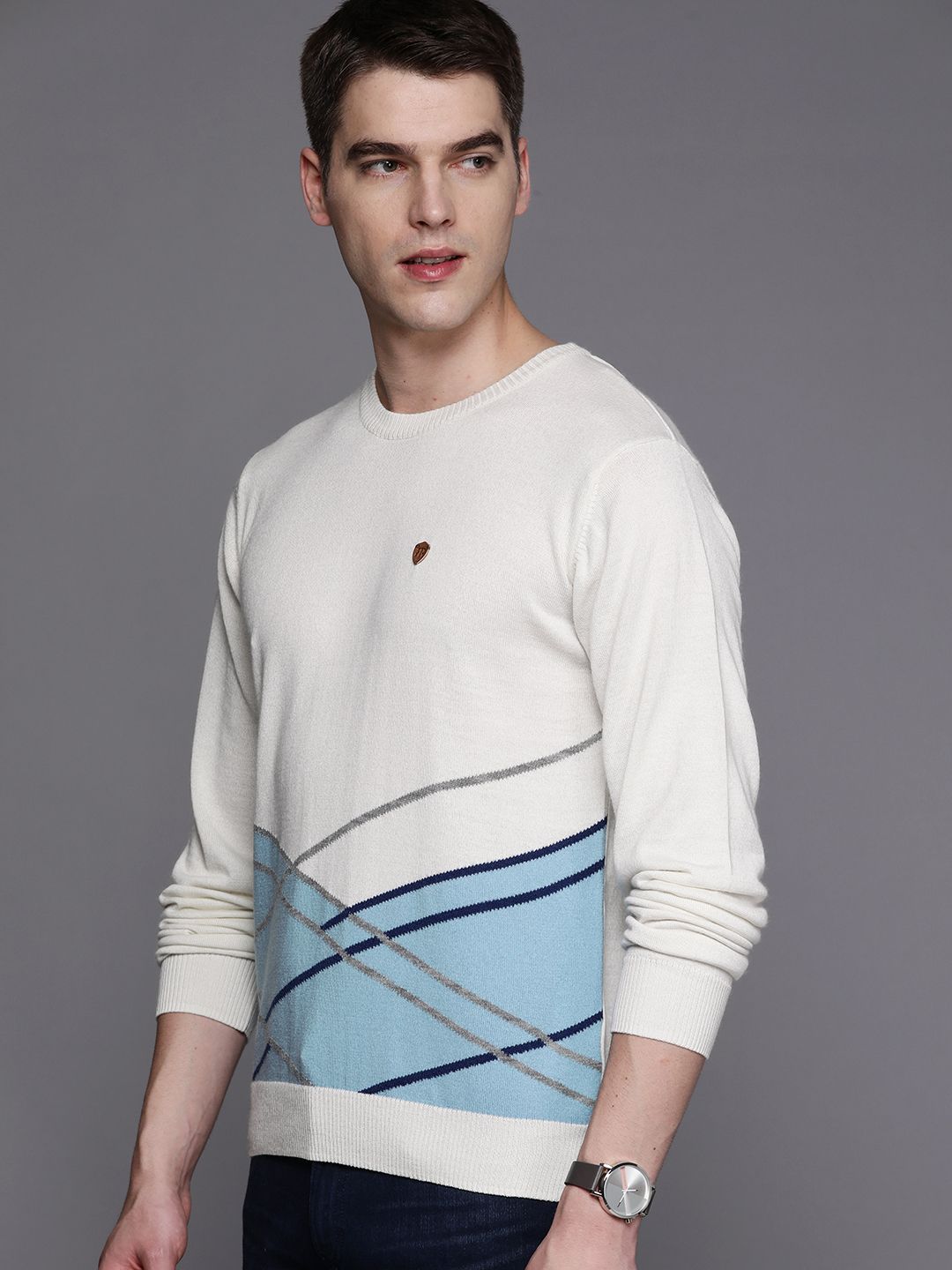 Raymond Men White & Blue Self-Design Pullover