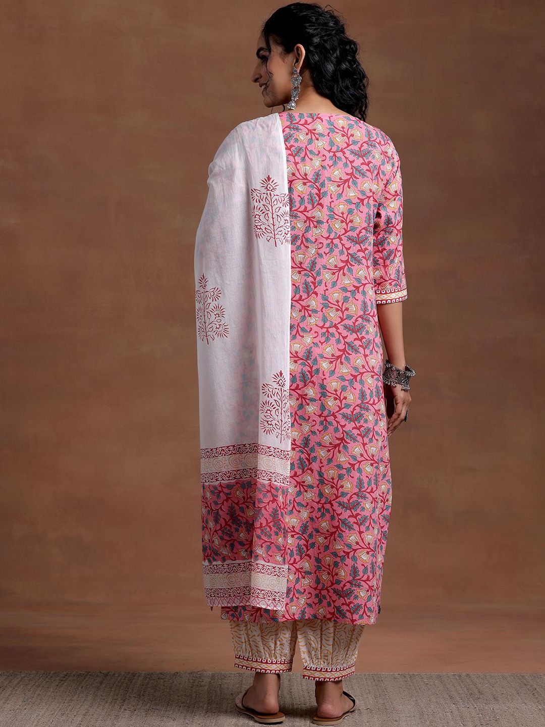 Libas V Neck Floral Printed Pure Cotton Straight Kurta with Patiala & Dupatta