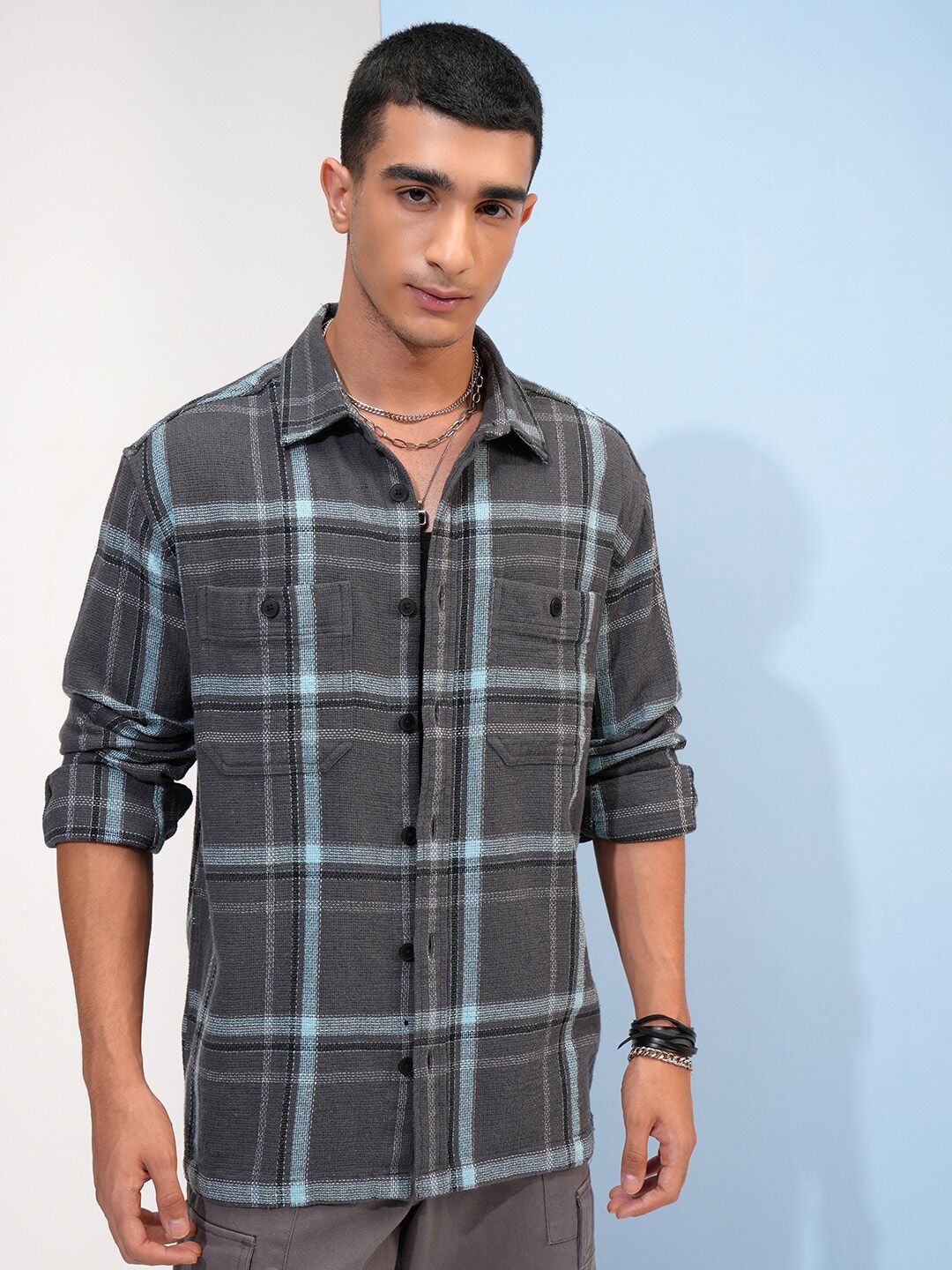 Highlander Men Oversized Textured Dobby Checked Overshirt