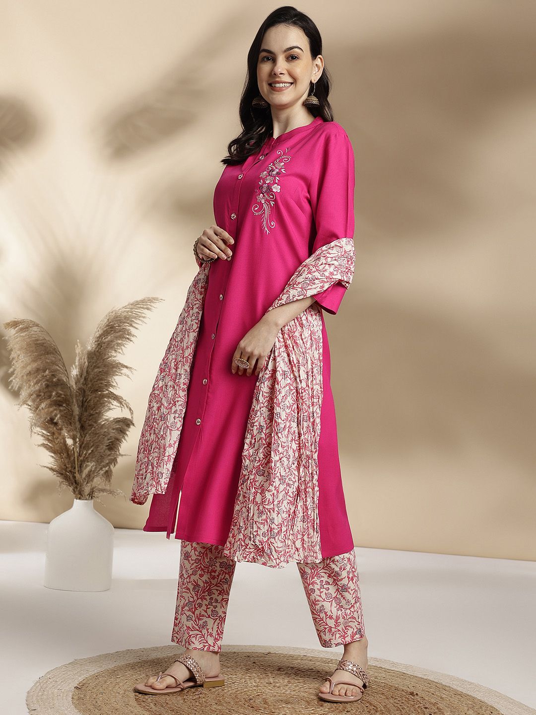 Anouk Floral Embroidered Regular Pure Cotton Kurta with Trousers & With Dupatta