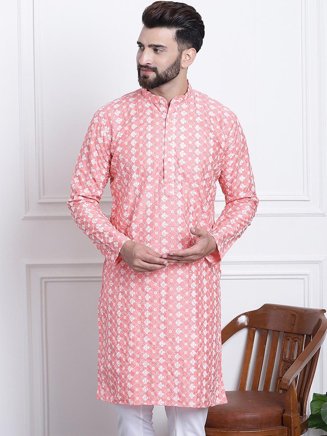 SOJANYA Benang Sulam Bunga Berfungsi Kurta Lurus