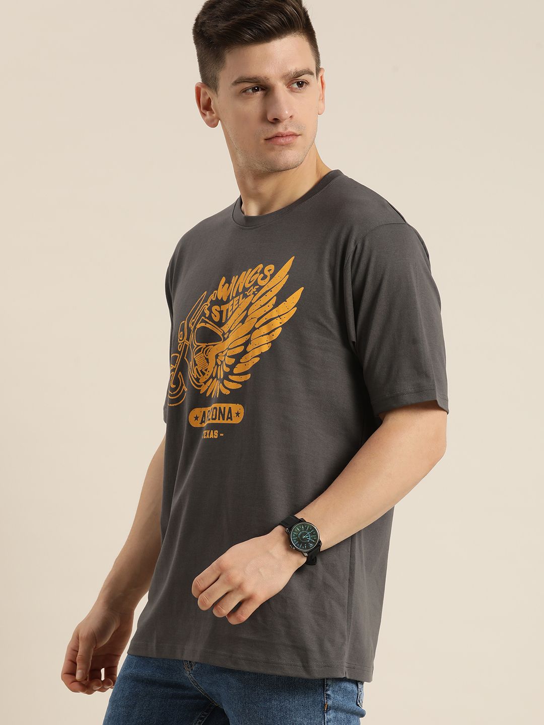 Difference of Opinion Men Charcoal & Mustard Yellow Printed Pure Cotton Loose T-shirt